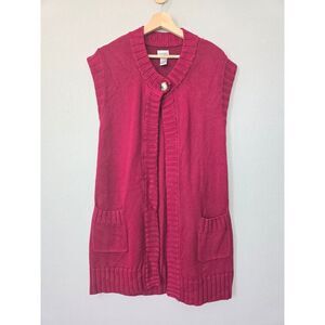Chico’s Knit Sleeveless Cardigan Sweater Red Bamboo Cotton Blend Size M (8)
